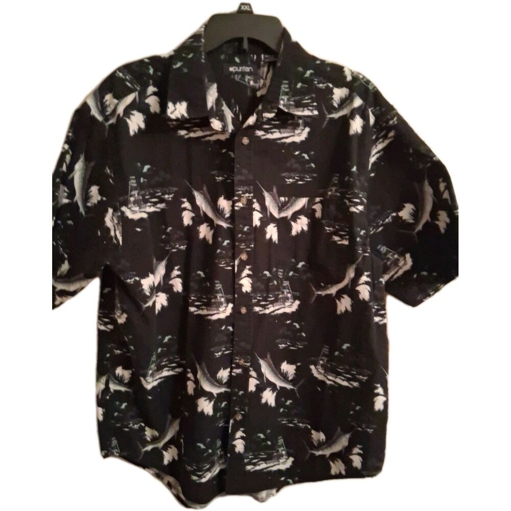 Puritan Men's Black Swordfish Fishing Shirt Large Vintage‎ Short Sleeve Cotton